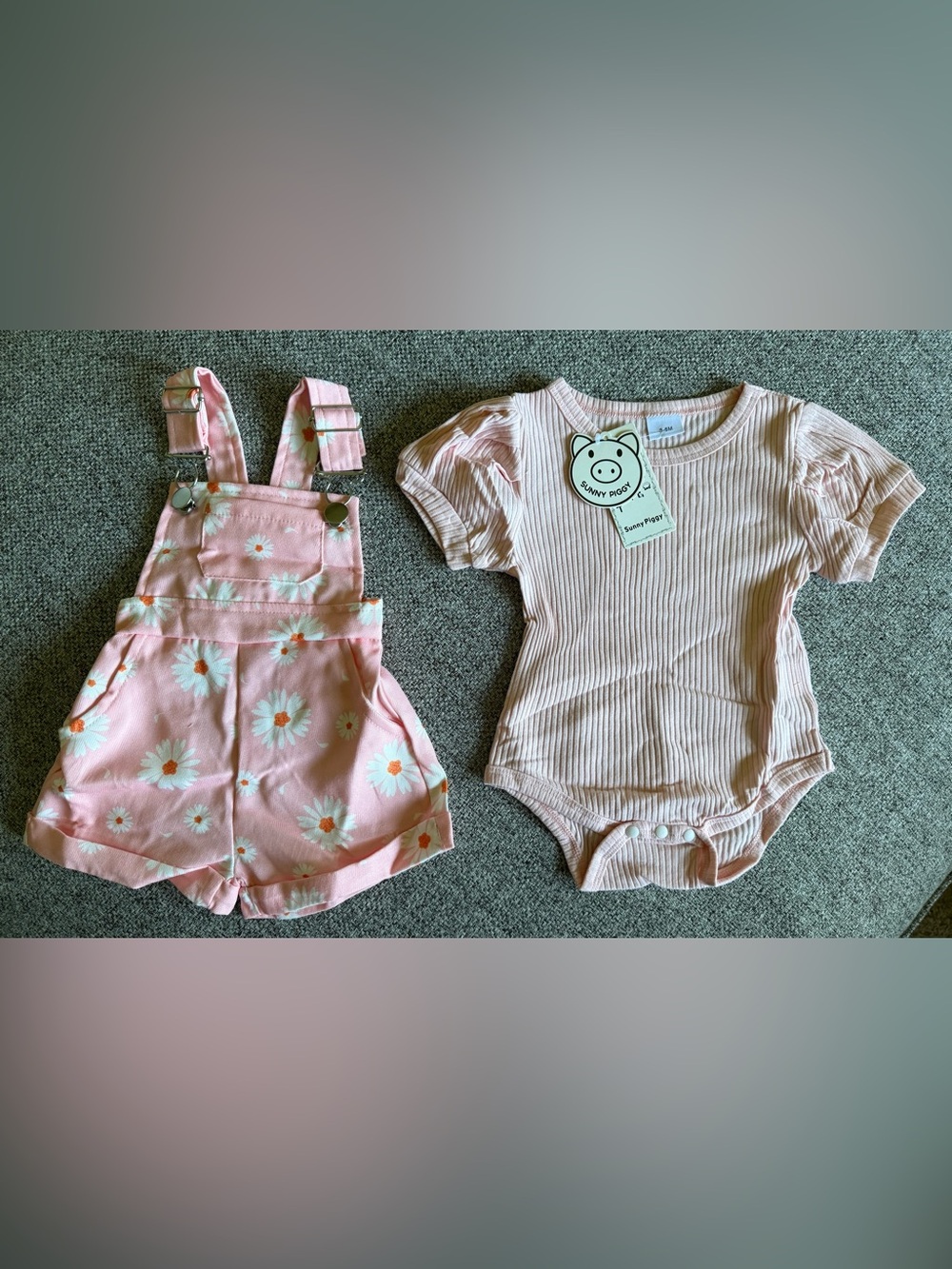 Baby Girl Pink Daisy Overall Shorts & Ribbed Bodysuit Matching Set - Sz  3-6 mon